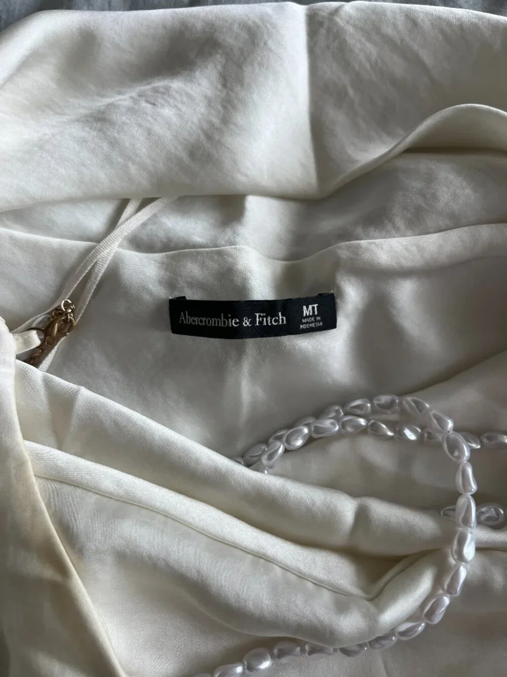 Abercrombie & Fitch Faux Pearl Strap Maxi Dress Cream Satin M Tall